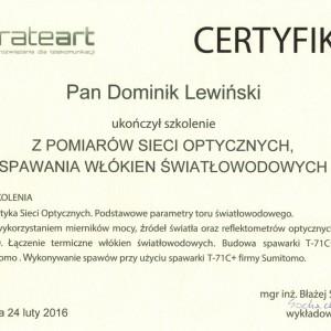 certyfikat z szkolenia pomiarów sieci optycznych